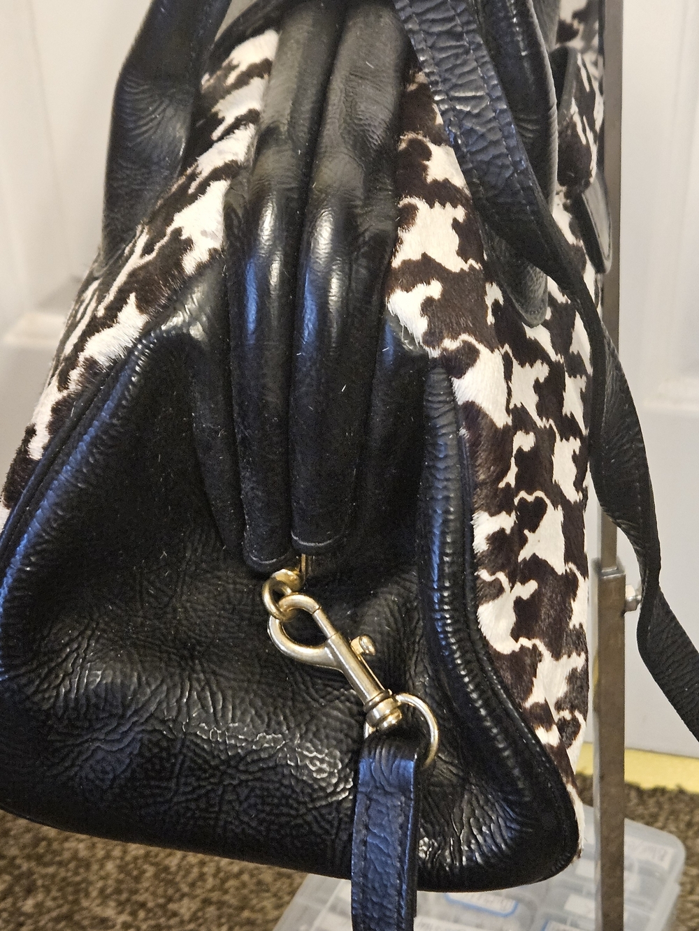 Clever Carriage Calf Hair Black & White Houndstooth Satchel with Black Trim - Picture 5 of 16